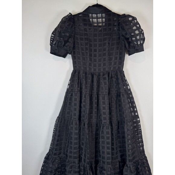 English Factory Dress Black Gridded Organza Tiered Maxi Puff Sleeve Fit Flare XS - Picture 8 of 11